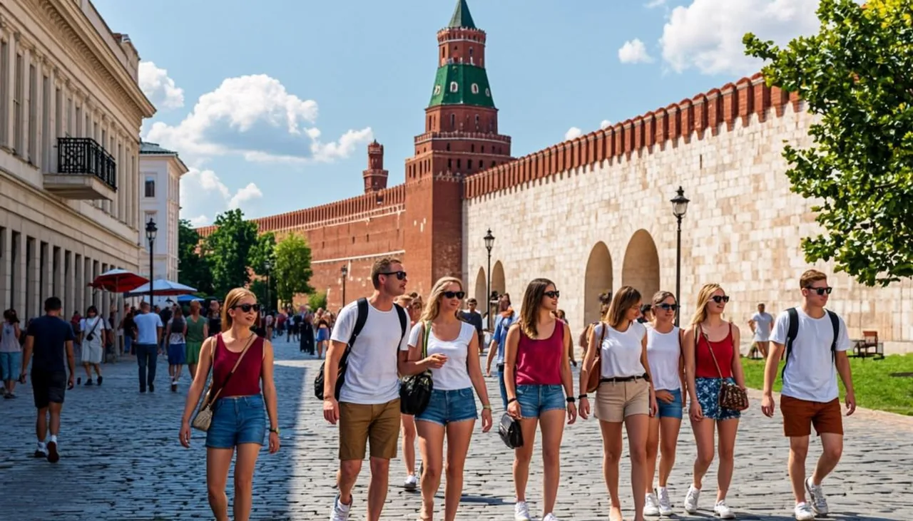 Экскурсионная группа на улице старого города: автобус ждёт на стоянке рядом